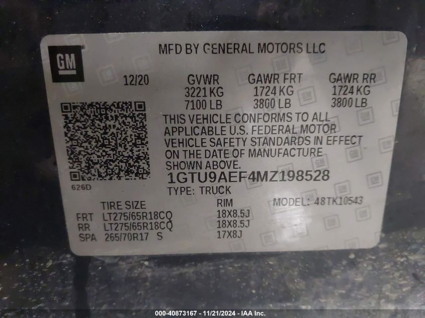 2021 GMC SIERRA 1500 4WD  SHORT BOX - 1GTU9AEF4MZ198528