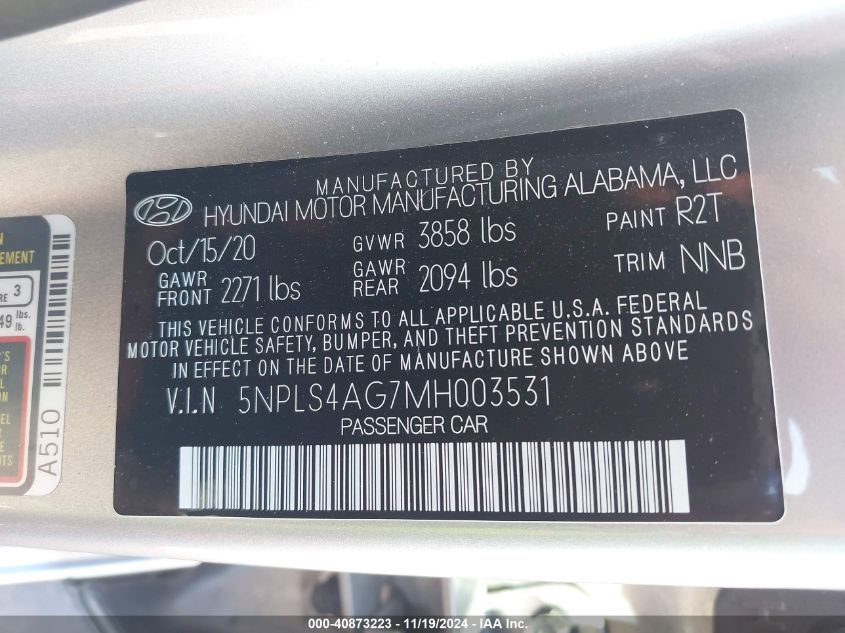 2021 Hyundai Elantra Sel VIN: 5NPLS4AG7MH003531 Lot: 40873223