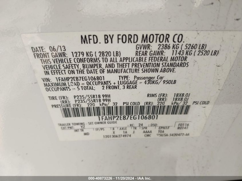 2014 Ford Taurus Sel VIN: 1FAHP2E87EG106801 Lot: 40873226