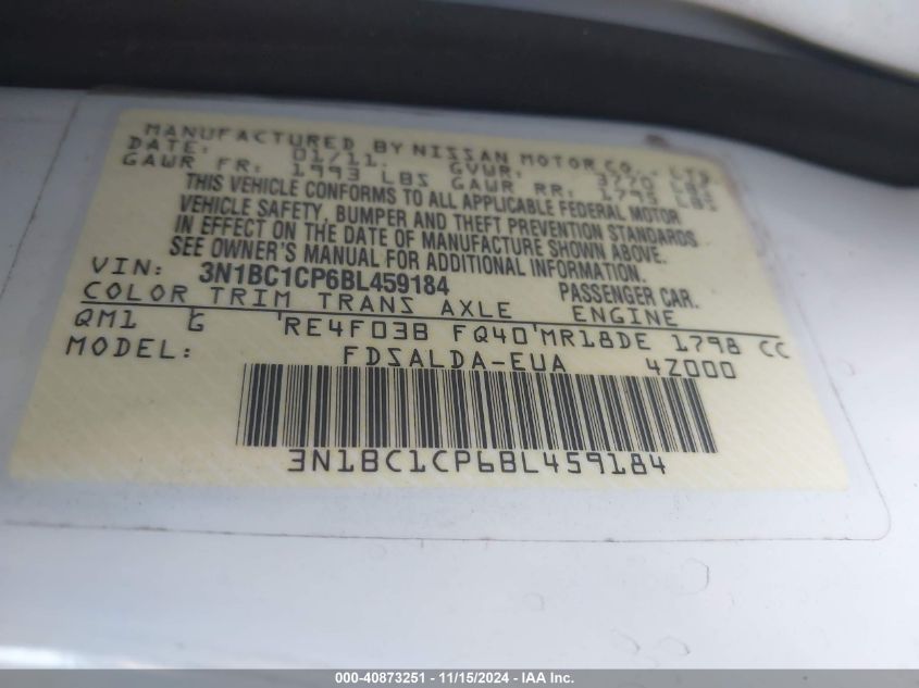 2011 Nissan Versa 1.8S VIN: 3N1BC1CP6BL459184 Lot: 40873251