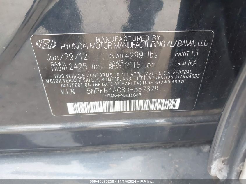 2013 Hyundai Sonata Gls VIN: 5NPEB4AC8DH557828 Lot: 40873258