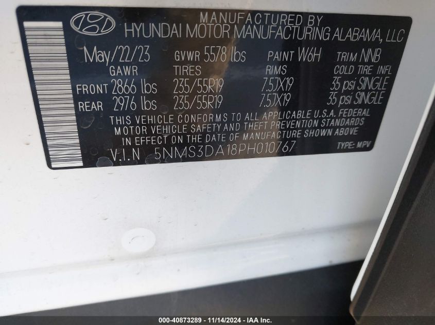 2023 Hyundai Santa Fe Hybrid Sel Premium VIN: 5NMS3DA18PH010767 Lot: 40873289