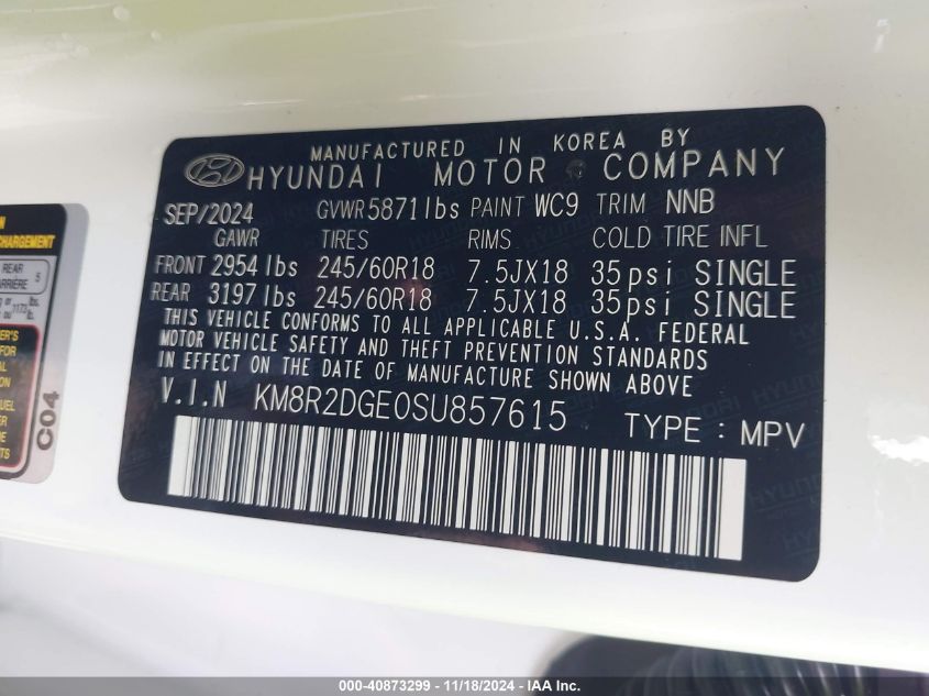 2025 Hyundai Palisade Sel VIN: KM8R2DGE0SU857615 Lot: 40873299