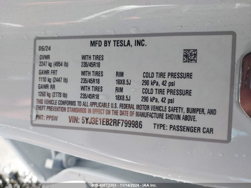 2024 Tesla Model 3 Long Range Dual Motor All-Wheel Drive VIN: 5YJ3E1EB2RF799986 Lot: 40873303