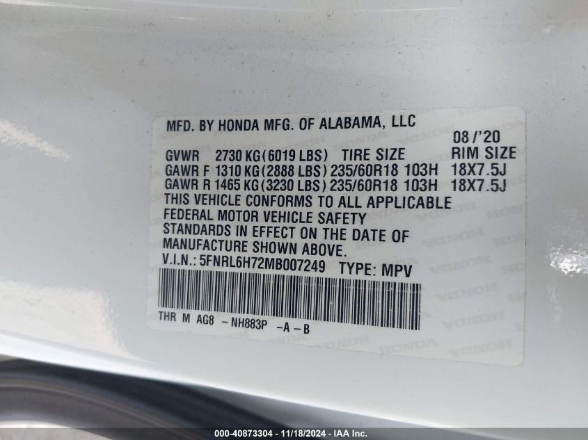 2021 Honda Odyssey Exl VIN: 5FNRL6H72MB007249 Lot: 40873304