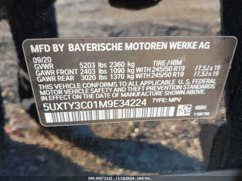 2021 BMW X3 SDRIVE30I - 5UXTY3C01M9E34224