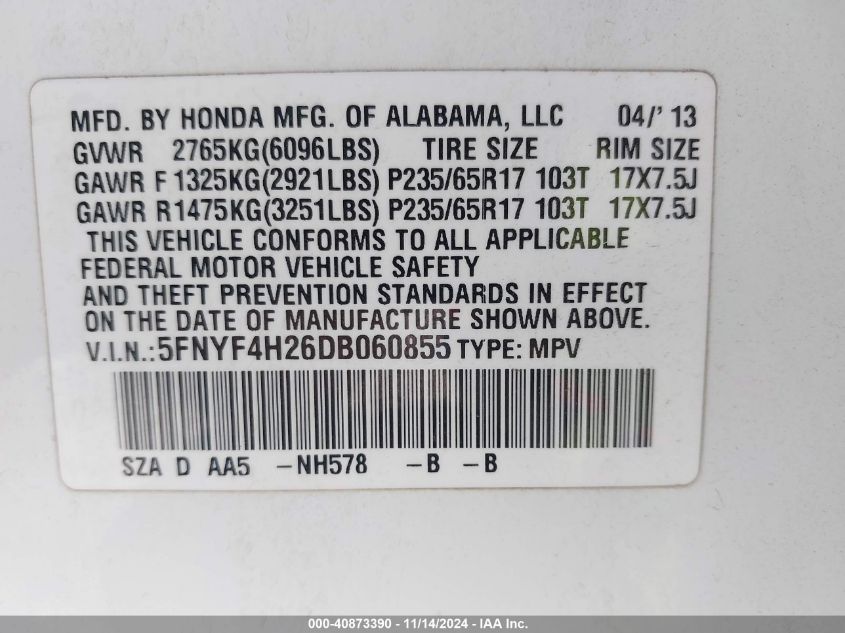 2013 Honda Pilot Lx VIN: 5FNYF4H26DB060855 Lot: 40873390