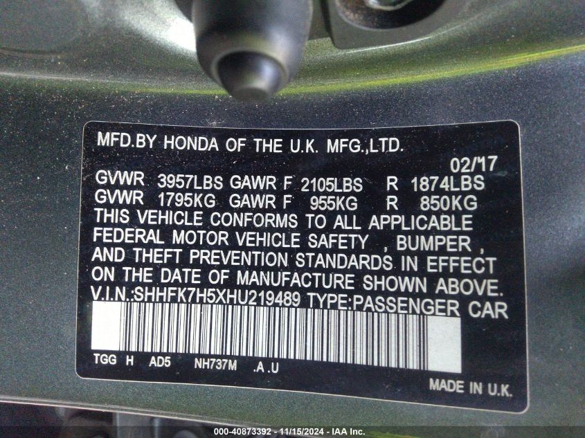 2017 HONDA CIVIC EX - SHHFK7H5XHU219489