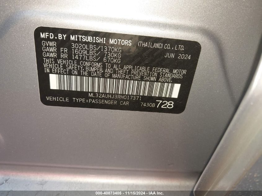 2024 Mitsubishi Mirage Es/Le VIN: ML32AUHJ3RH017371 Lot: 40873405