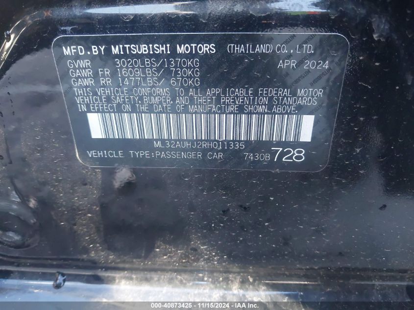 2024 Mitsubishi Mirage Es/Le VIN: ML32AUHJ2RH011335 Lot: 40873425