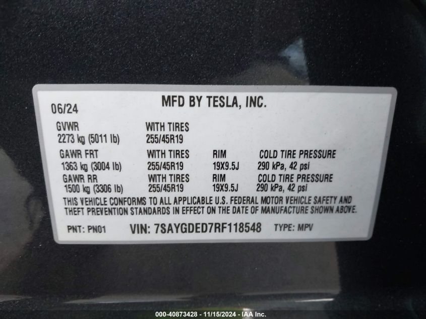 2024 Tesla Model Y Long Range Dual Motor All-Wheel Drive/Rwd VIN: 7SAYGDED7RF118548 Lot: 40873428