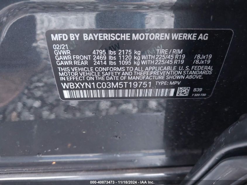 2021 BMW X2 M35I VIN: WBXYN1C03M5T19751 Lot: 40873473