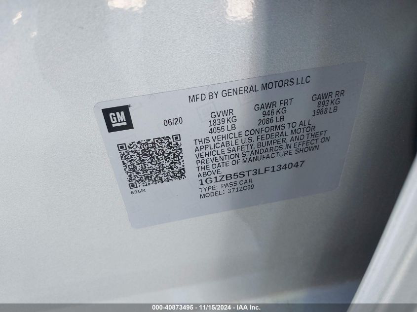 2020 CHEVROLET MALIBU VIN: 1G1ZB5ST3LF134047