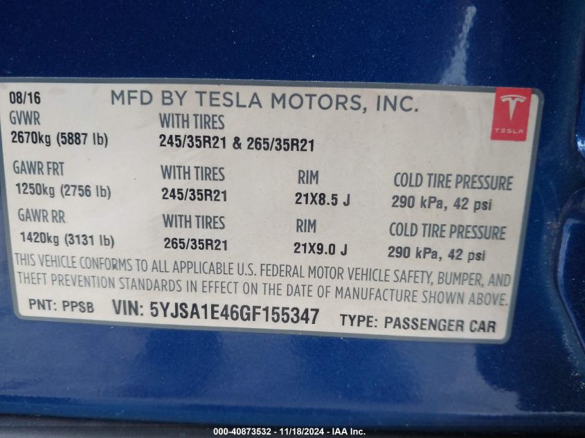 2016 Tesla Model S 90D/P100D/P85D/P90D VIN: 5YJSA1E46GF155347 Lot: 40873532