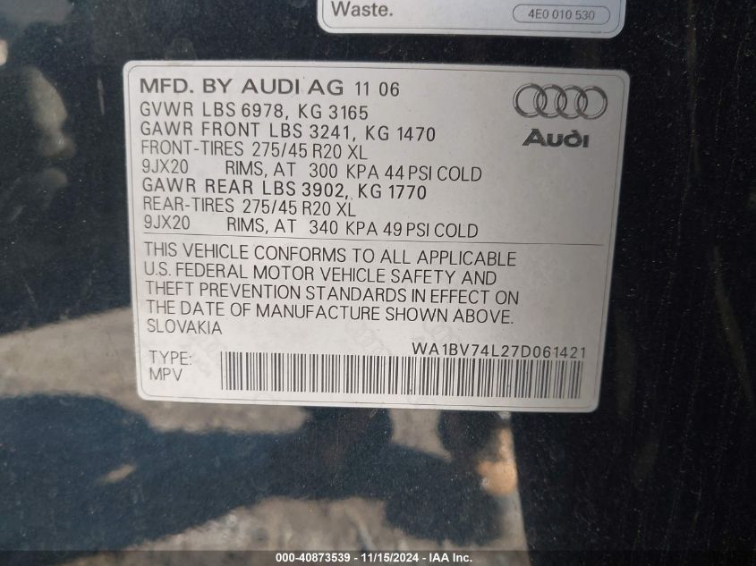 2007 Audi Q7 4.2 Premium VIN: WA1BV74L27D061421 Lot: 40873539