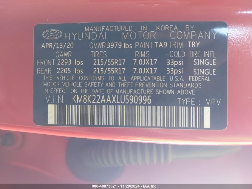 2020 Hyundai Kona Sel VIN: KM8K22AAXLU590996 Lot: 40873621