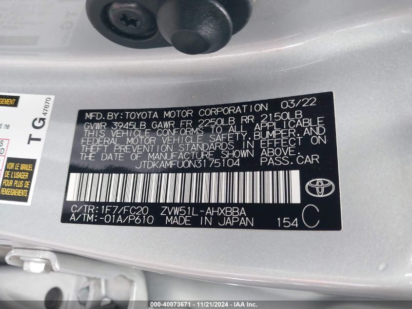 2022 Toyota Prius L VIN: JTDKAMFU0N3175104 Lot: 40873671