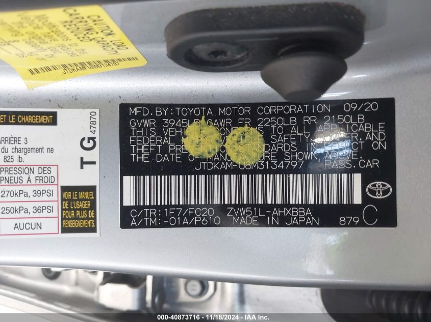 2021 Toyota Prius L Eco VIN: JTDKAMFU8M3134797 Lot: 40873716