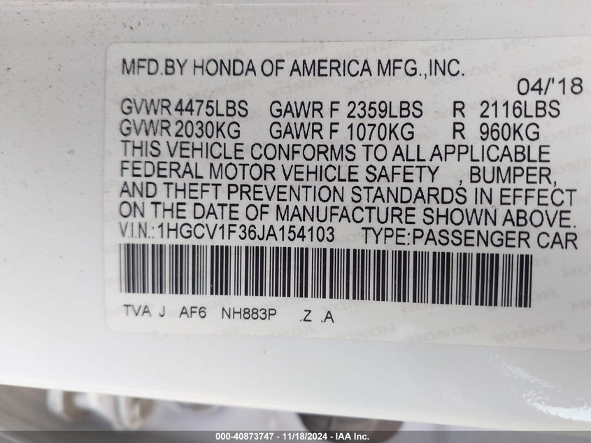 2018 HONDA ACCORD SPORT - 1HGCV1F36JA154103