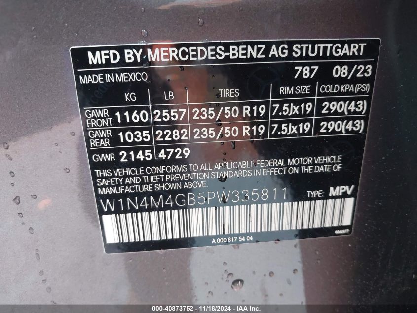 2023 Mercedes-Benz Glb 250 VIN: W1N4M4GB5PW335811 Lot: 40873752