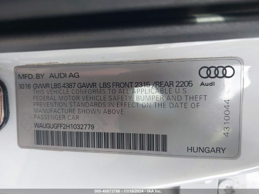 2017 Audi A3 2.0T Premium VIN: WAUGUGFF2H1032779 Lot: 40873786