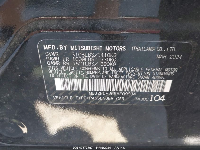 2024 Mitsubishi Mirage G4 Black Edition VIN: ML32FUFJ6RHF09934 Lot: 40873797