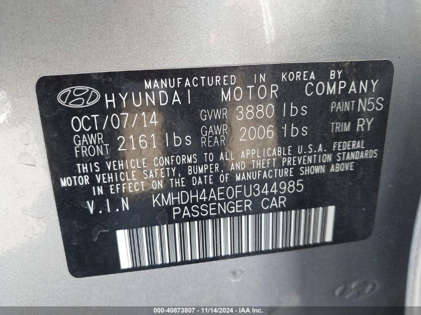 2015 Hyundai Elantra Se VIN: KMHDH4AE0FU344985 Lot: 40873807