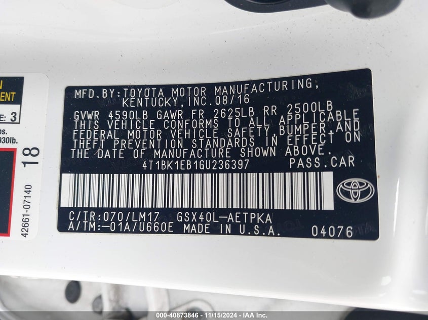 2016 TOYOTA AVALON LIMITED - 4T1BK1EB1GU236397