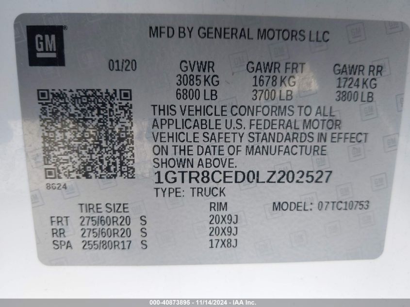 2020 GMC Sierra 1500 2Wd Standard Box Elevation VIN: 1GTR8CED0LZ202527 Lot: 40873895