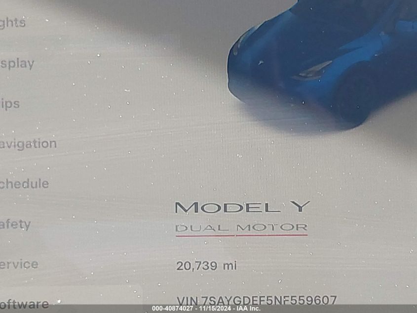 VIN 7SAYGDEF5NF559607 2022 Tesla Model Y, Performan... no.16