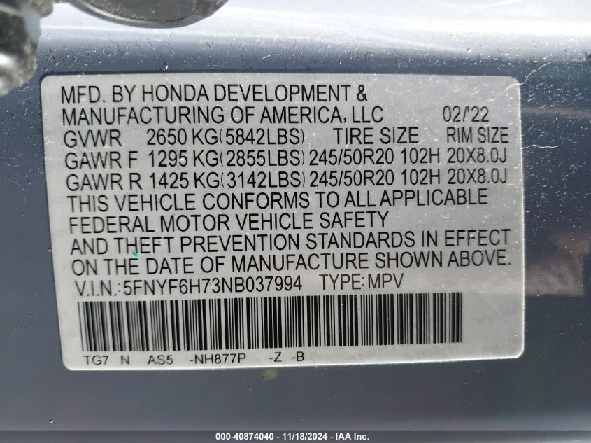 2022 Honda Pilot Awd Black Edition VIN: 5FNYF6H73NB037994 Lot: 40874040