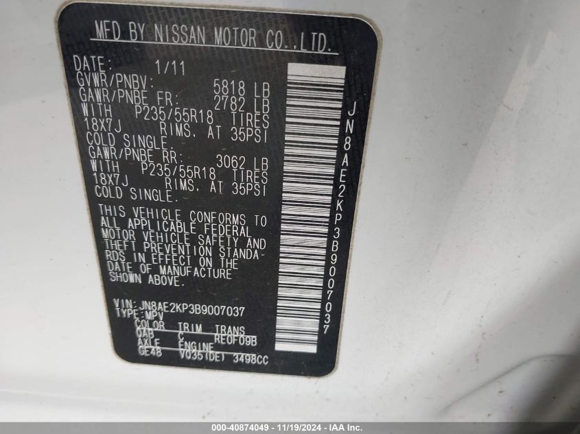 2011 Nissan Quest Sl VIN: JN8AE2KP3B9007037 Lot: 40874049