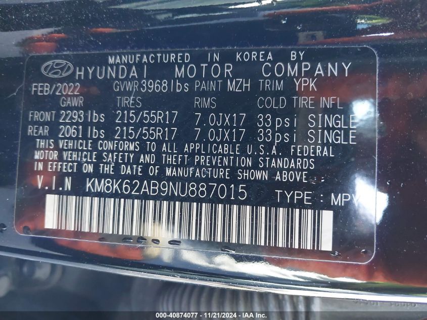 2022 Hyundai Kona Sel VIN: KM8K62AB9NU887015 Lot: 40874077