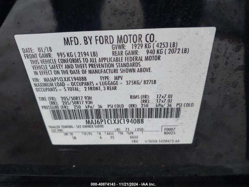 2018 Ford Ecosport Ses VIN: MAJ6P1CLXJC194088 Lot: 40874143