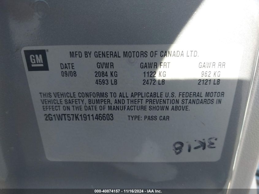 2009 CHEVROLET IMPALA VIN: 2G1WT57K191146603