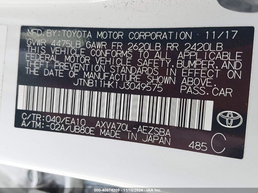 2018 Toyota Camry Se VIN: JTNB11HK1J3049575 Lot: 40874209