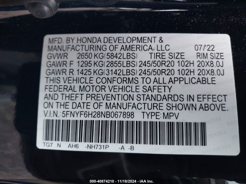 2022 Honda Pilot Awd Special Edition VIN: 5FNYF6H28NB067898 Lot: 40874210