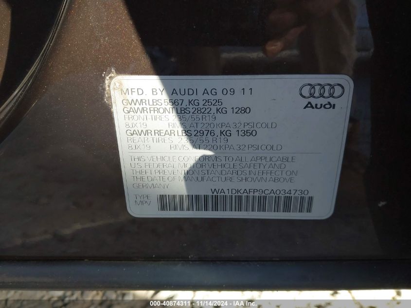 2012 Audi Q5 3.2 Premium Plus VIN: WA1DKAFP9CA034730 Lot: 40874311