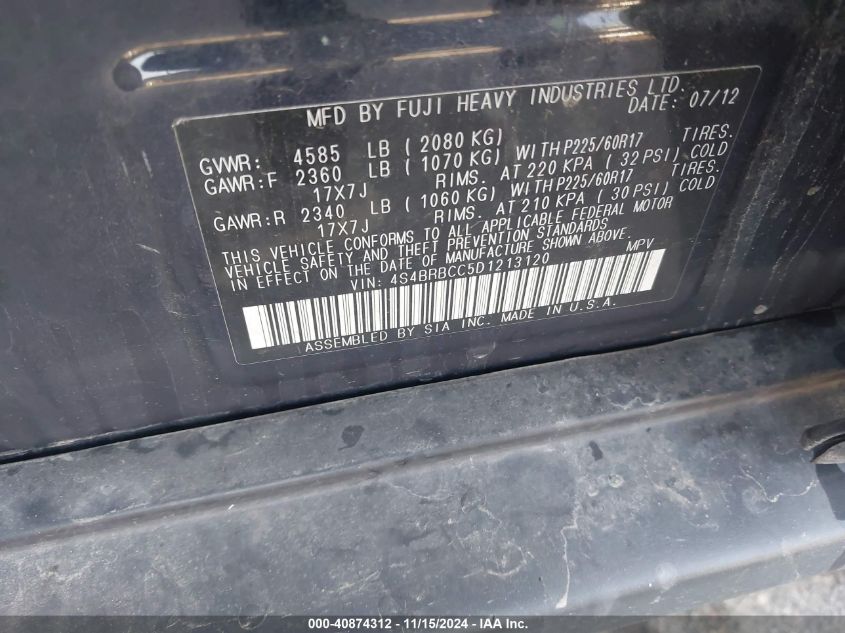 2013 SUBARU OUTBACK VIN: 4S4BRBCC5D1213120
