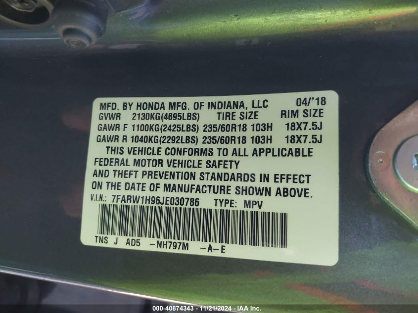 VIN 7FARW1H96JE030786 2018 HONDA CR-V TOURING