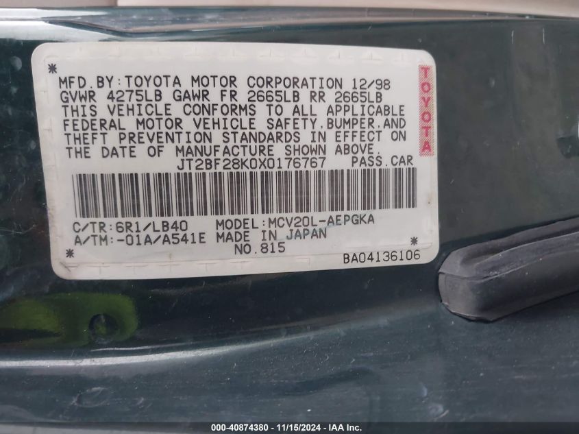 1999 Toyota Camry Xle V6 VIN: JT2BF28K0X0176767 Lot: 40874380