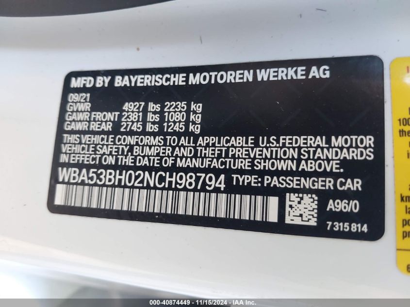 2022 BMW 530 I VIN: WBA53BH02NCH98794 Lot: 40874449