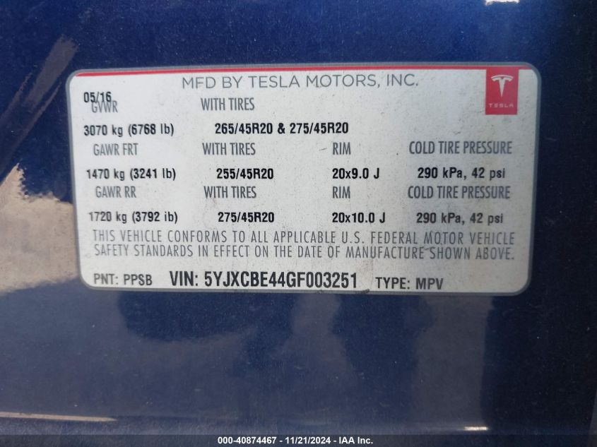 2016 Tesla Model X 75D/P100D/P90D VIN: 5YJXCBE44GF003251 Lot: 40874467