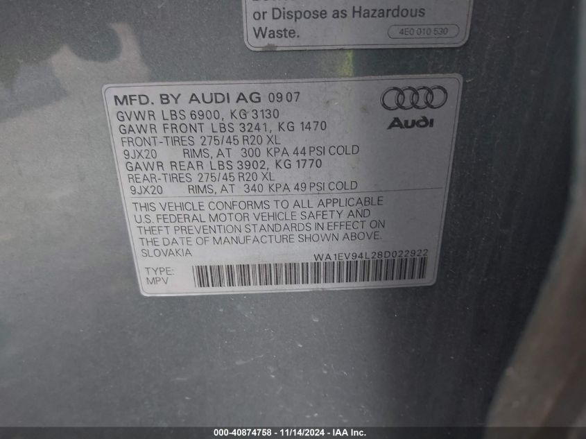 2008 Audi Q7 4.2 Premium VIN: WA1EV94L28D022922 Lot: 40874758