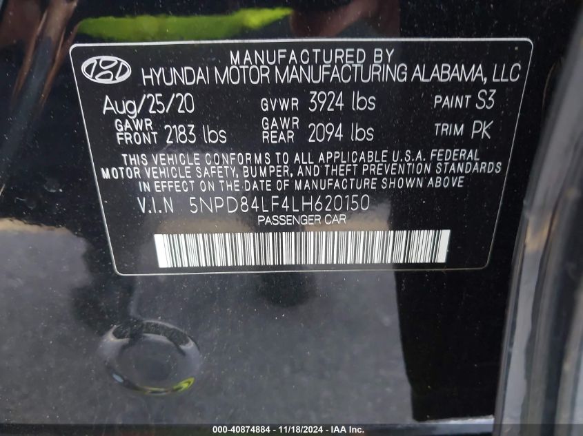 2020 Hyundai Elantra Sel VIN: 5NPD84LF4LH620150 Lot: 40874884