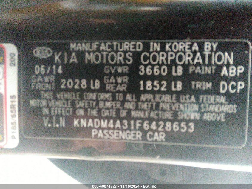 2015 Kia Rio Lx VIN: KNADM4A31F6428653 Lot: 40874927