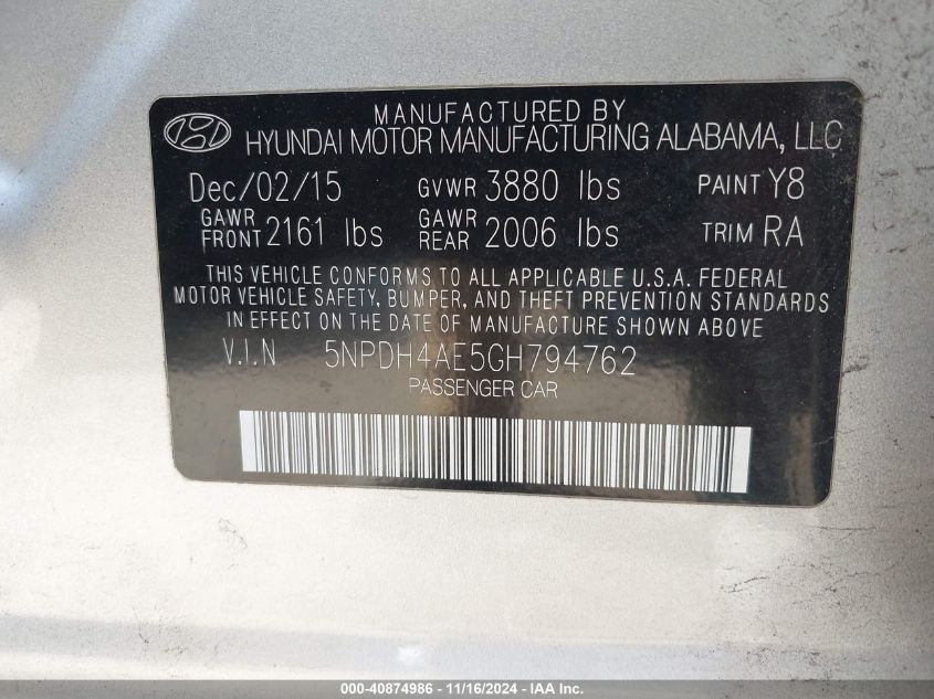 2016 Hyundai Elantra Se VIN: 5NPDH4AE5GH794762 Lot: 40874986