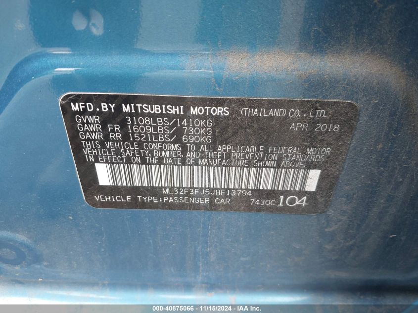 2018 Mitsubishi Mirage G4 Es VIN: ML32F3FJ5JHF13794 Lot: 40875066