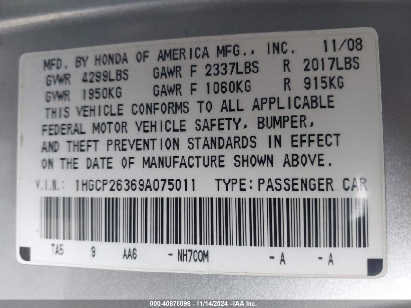 2009 Honda Accord 2.4 Lx VIN: 1HGCP26369A075011 Lot: 40875099