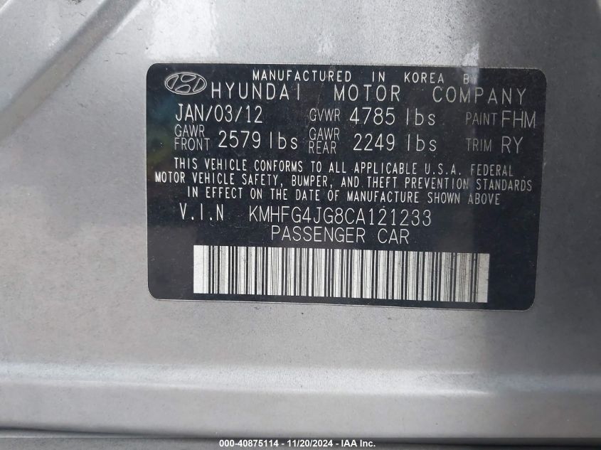 2012 Hyundai Azera VIN: KMHFG4JG8CA121233 Lot: 40875114